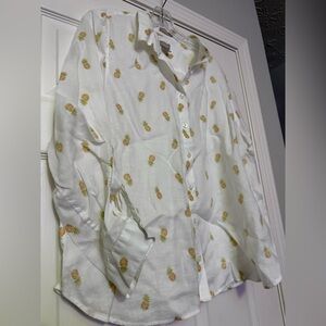 Chicos White Pineapple Print Button Down Shirt Size 3 (16/18) Non-Iron